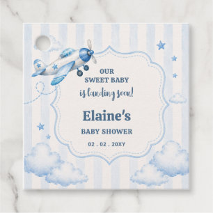 Landing Soon Blue Boy Aeroplane Baby Shower Favour Tags