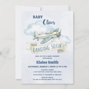 Landing Soon Blue Boy Aeroplane Baby Shower Invitation