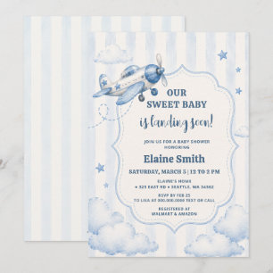 Landing Soon Blue Boy Aeroplane Baby Shower Invitation