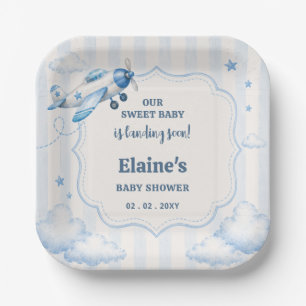 Landing Soon Blue Boy Aeroplane Baby Shower Paper Plate