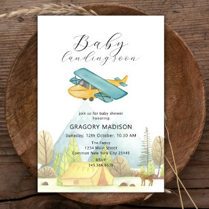 Landing Soon Vintage Airplane Forest Baby Shower Invitation