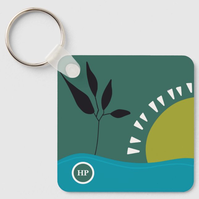 Landscape abstract modern art sun sea tree key ring (Front)