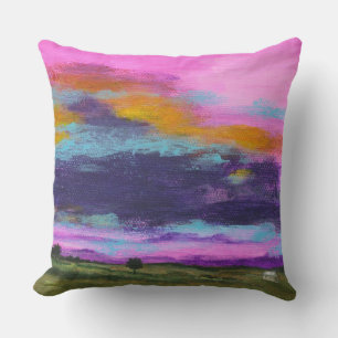 Landscape Art Painting Pink Sunset Tiny Farm House Cushion