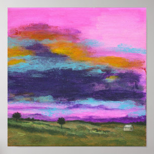 Landscape Art Painting, Pink Sunset, Tiny House Poster