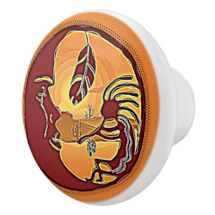 Landscape Button - Kokopelli Moon Feather 1 Ceramic Knob