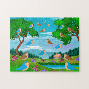 Landscape House Trees Birds Flowers Nature, Age 8 Jigsaw Puzzle