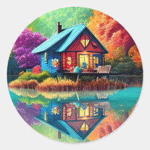 Landscape Illustration with Lake and Cottage-38566 Classic Round Sticker