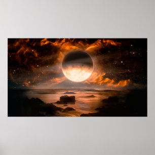 Landscape in fantasy alien planet with flaming moo poster