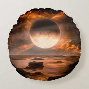 Landscape in fantasy alien planet with flaming moo round cushion