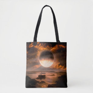 Landscape in fantasy alien planet with flaming moo tote bag