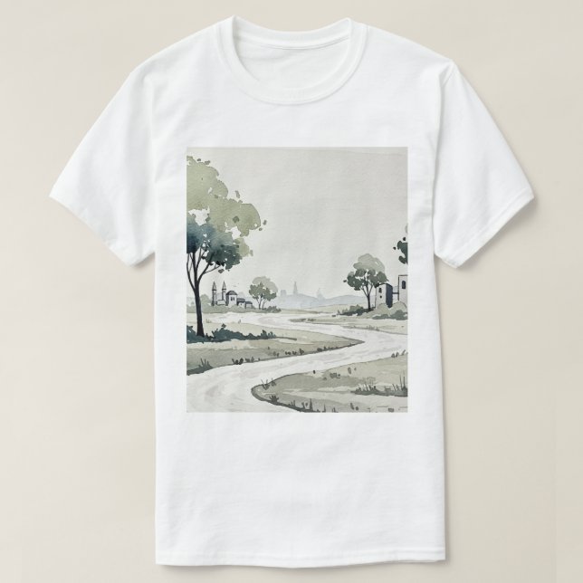 landscape of hills with small houses T-Shirt (Design Front)