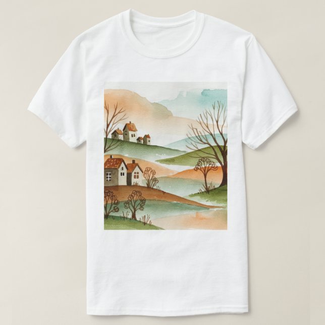 landscape of hills with small houses T-Shirt (Design Front)