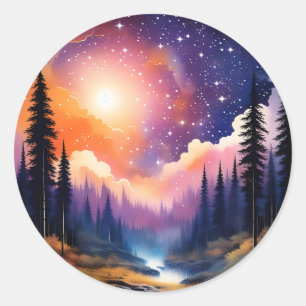 Landscape of Trees Starry Sky Classic Round Sticker