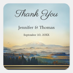 Landscape Painting Mountain Wedding Thank You Square Sticker
