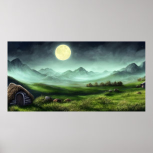Landscape Painting of A Cottage in The Mountain Poster