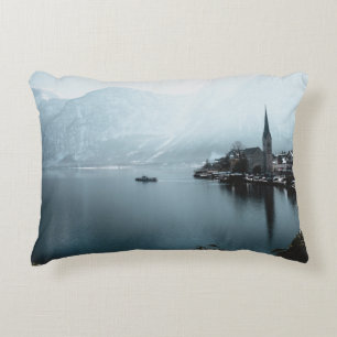 LANDSCAPE PHOTO OF BODY OF WATER NEAR THE MOUNTAIN DECORATIVE CUSHION
