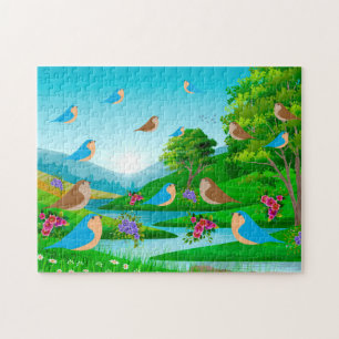 Landscape River Trees Birds Flowers Nature, Age 8 Jigsaw Puzzle
