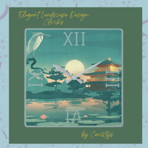 Landscape Scene Pagoda Crane Square Wall Clock