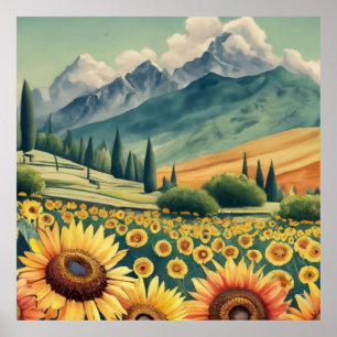 Landscape Sunflowers Boho Poster