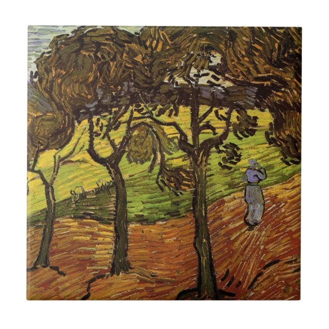 Landscape, Trees and Figures by Vincent van Gogh Ceramic Tile (Front)