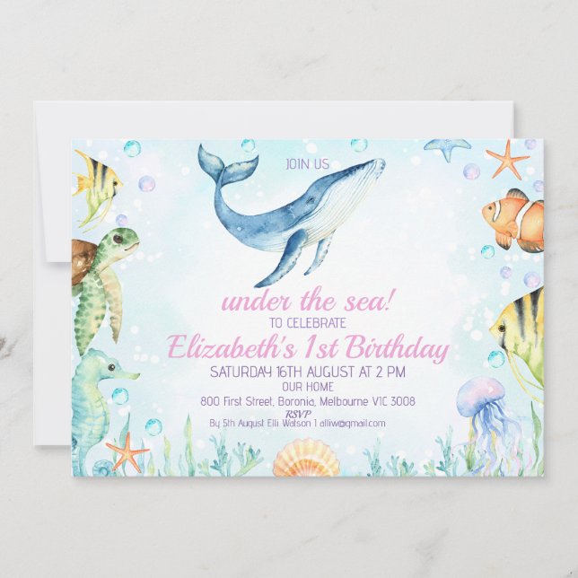 Landscape Under the Sea Creatures 1st Birthday Invitation (Front)