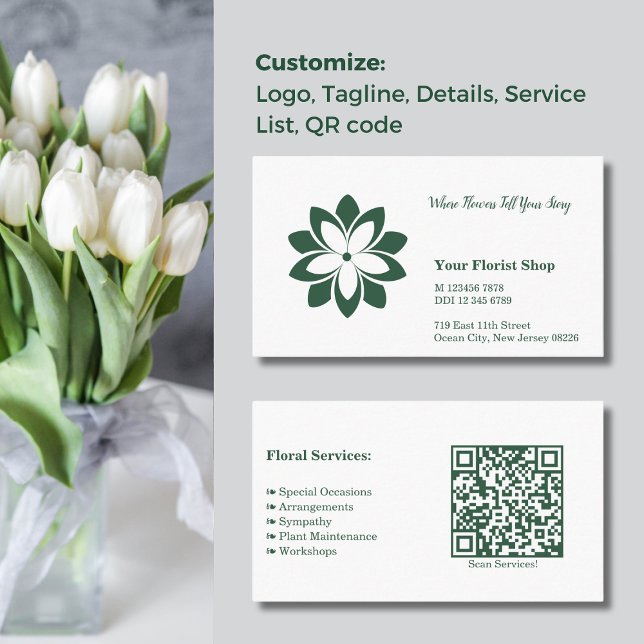 Landscape White & Green Florist Shop Business Card (Landscape White & Green Florist Shop Business Card, Custom Logo, Tagline, Details, Service, QR code)
