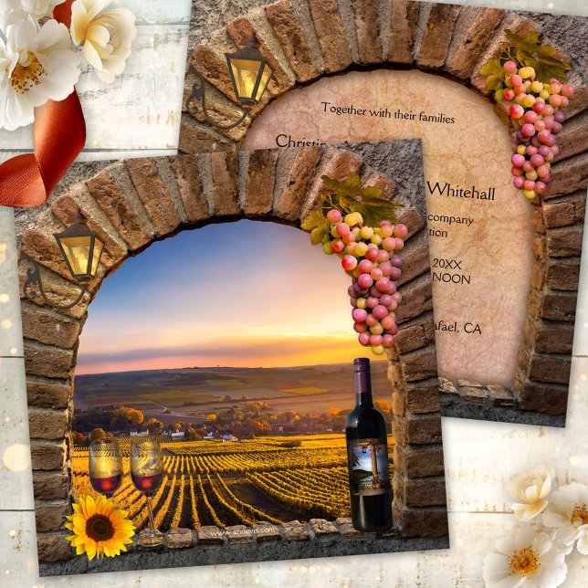 Landscape Wine Vineyard Winery Wedding Invitation (Wedding invitation featuring a classic Roman arch with wine, grapes, a lantern and sunflower)