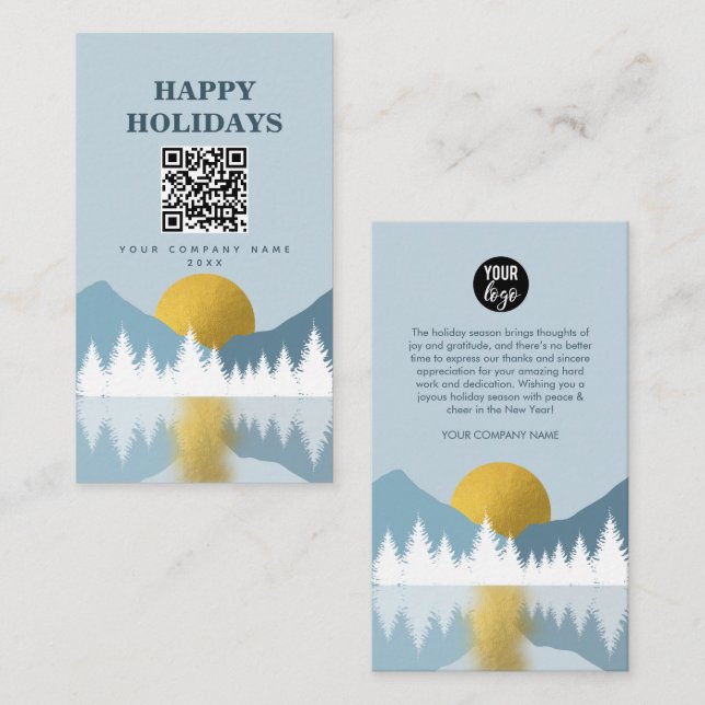 Landscape Winter Happy Holidays Business QR Code Card (Front/Back)