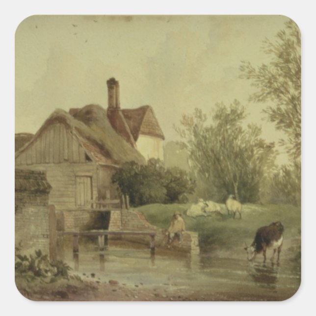 Landscape with a cottage square sticker (Front)