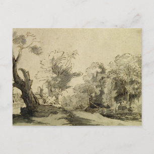 Landscape with a path,almost dead tree on left postcard