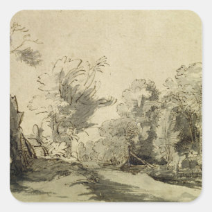 Landscape with a path,almost dead tree on left square sticker