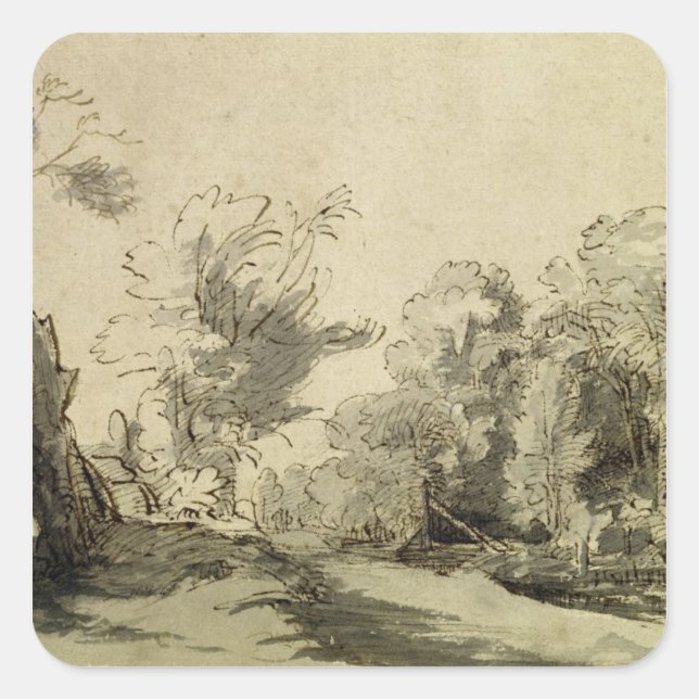 Landscape with a path,almost dead tree on left square sticker (Front)