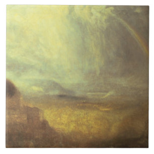 Landscape with a rainbow ceramic tile