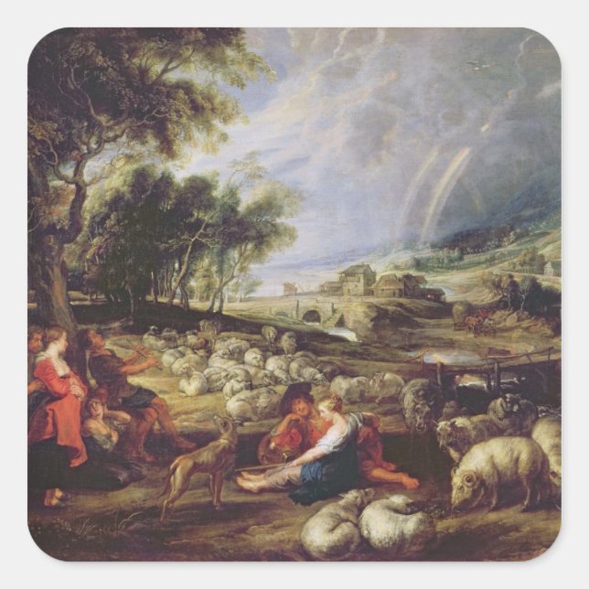 Landscape with a Rainbow Square Sticker (Front)