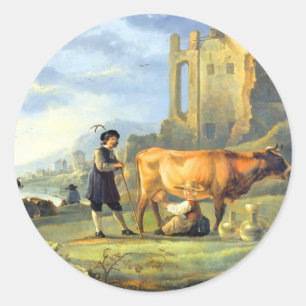 Landscape with a young girl milking a cow by Aelbe Classic Round Sticker