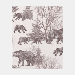 Landscape with bears, cubs, winter trees and fir t fleece blanket