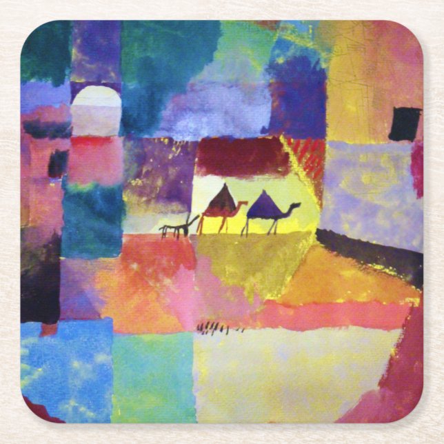 Landscape with Camels, Paul Klee Square Paper Coaster (Front)