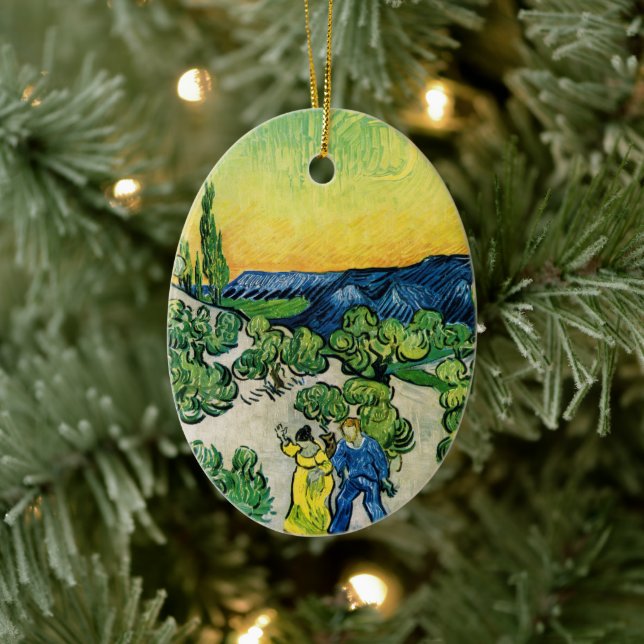 Landscape with Couple Walking by Vincent van Gogh Ceramic Ornament (Tree)