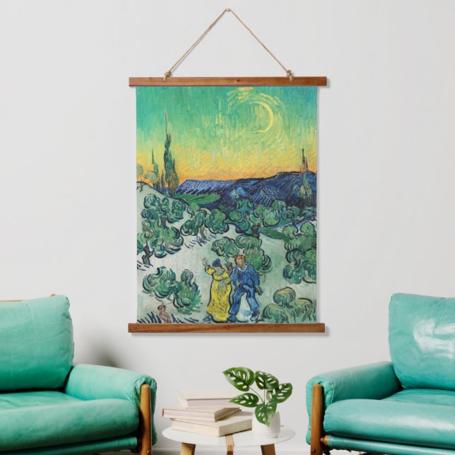 Landscape with Couple Walking & Crescent Moon Hanging Tapestry (Living Room)