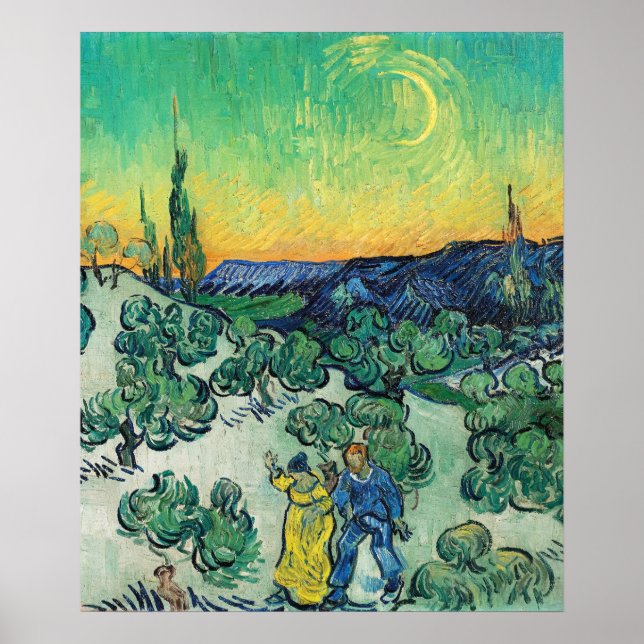 Landscape with Couple Walking & Crescent Moon Poster (Front)