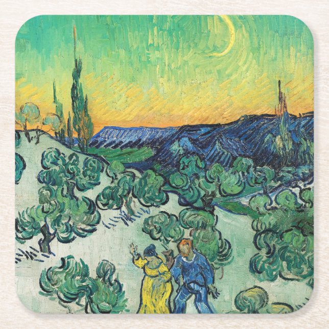 Landscape with Couple Walking & Crescent Moon Square Paper Coaster (Front)