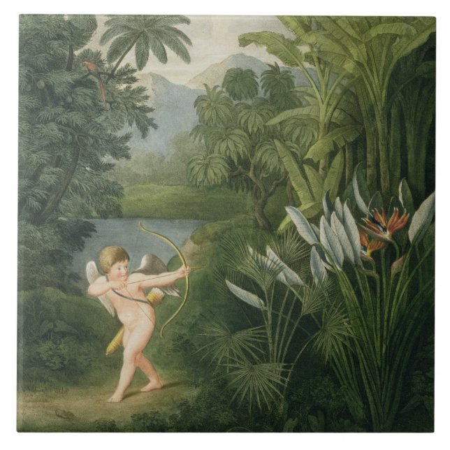 Landscape with Cupid aiming an arrow at a Parrot o Ceramic Tile (Front)