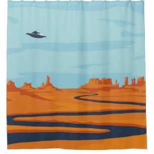 landscape with deserted valley, mountains, dark w shower curtain
