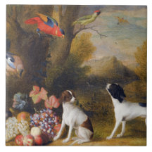 Landscape with exotic birds and two dogs 