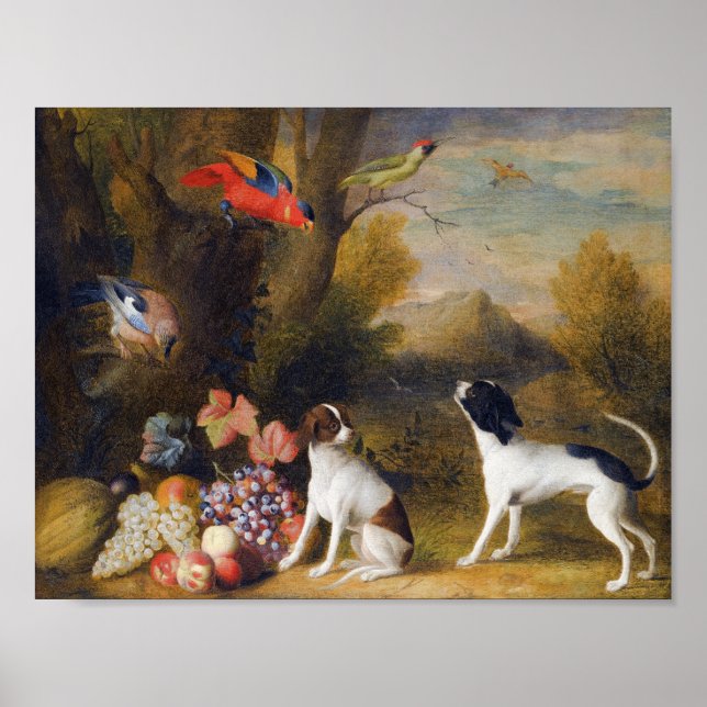 Landscape with exotic birds and two dogs  poster (Front)