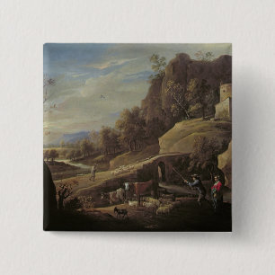 Landscape with Farmers tending their Animals 15 Cm Square Badge
