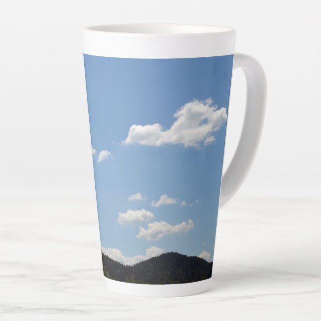 Landscape with green hills, trees & clouds  latte mug (Right Angle)