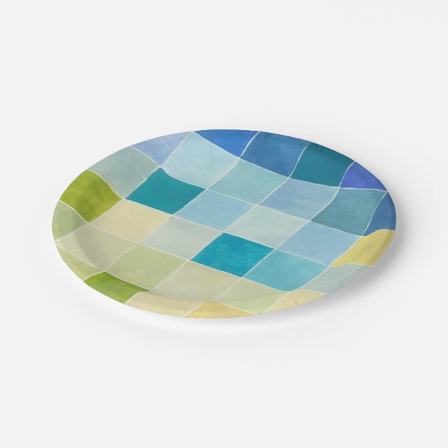 Landscape with Multicolored Pixilated Squares Paper Plate (Angled)