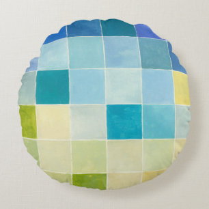 Landscape with Multicolored Pixilated Squares Round Cushion