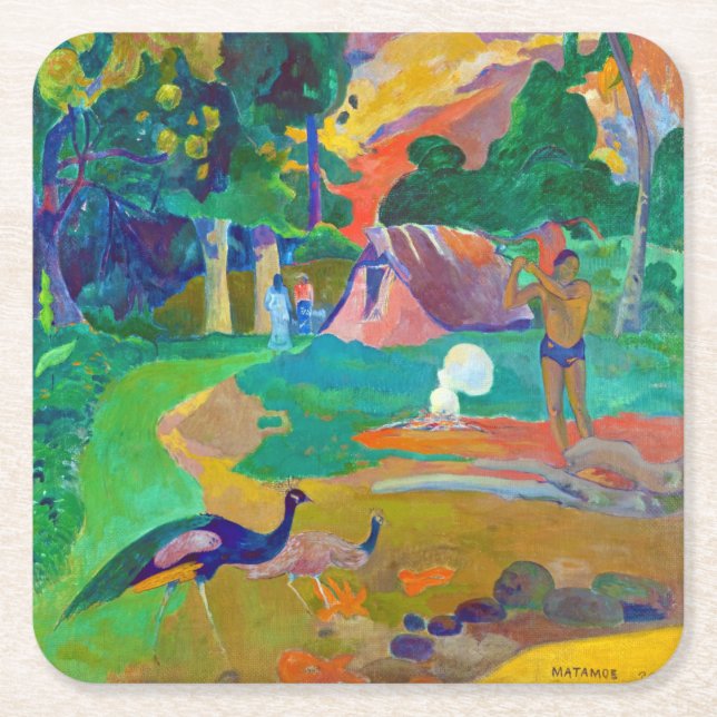 Landscape with Peacocks, Gauguin Square Paper Coaster (Front)